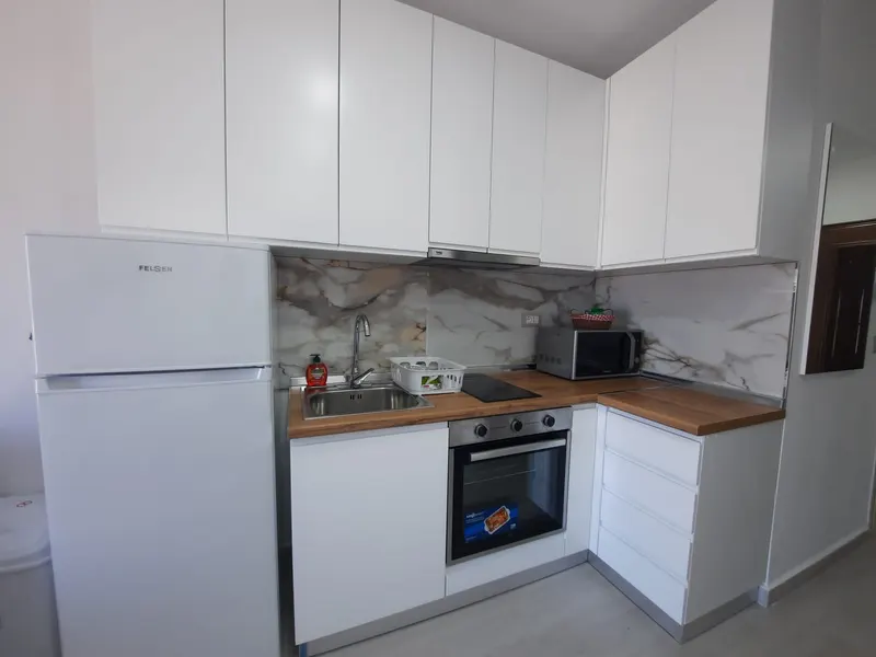 Kitchenette with fridge, oven, hob and white cabinets