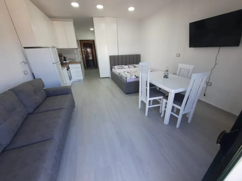 Living area of Apartment Matufino with sofa, double bed, dining table and TV
